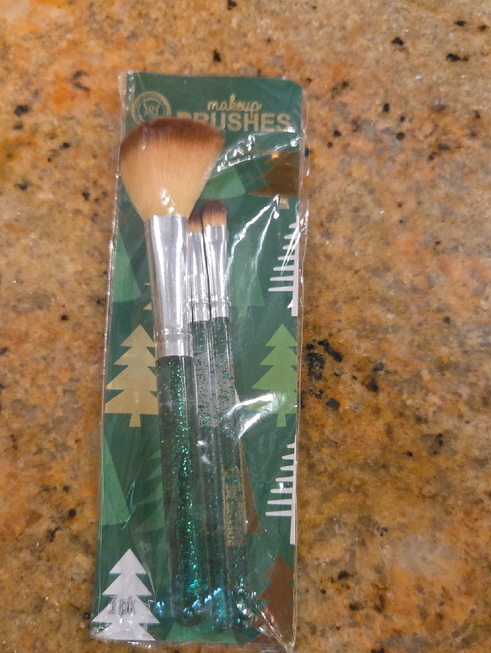 Green Glitter Handle Makeup Brush Set for Women - 3 Piece